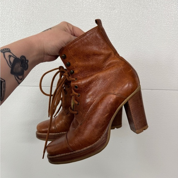 Schutz heeled y2k lace up vintage retro Brown Leather Women's Ankle Boots rare - Picture 4 of 6